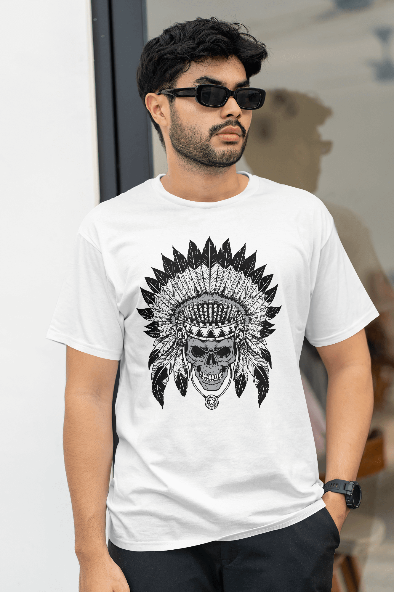 Skull Chief Head Vector Illustration Premium Round Neck T-Shirt