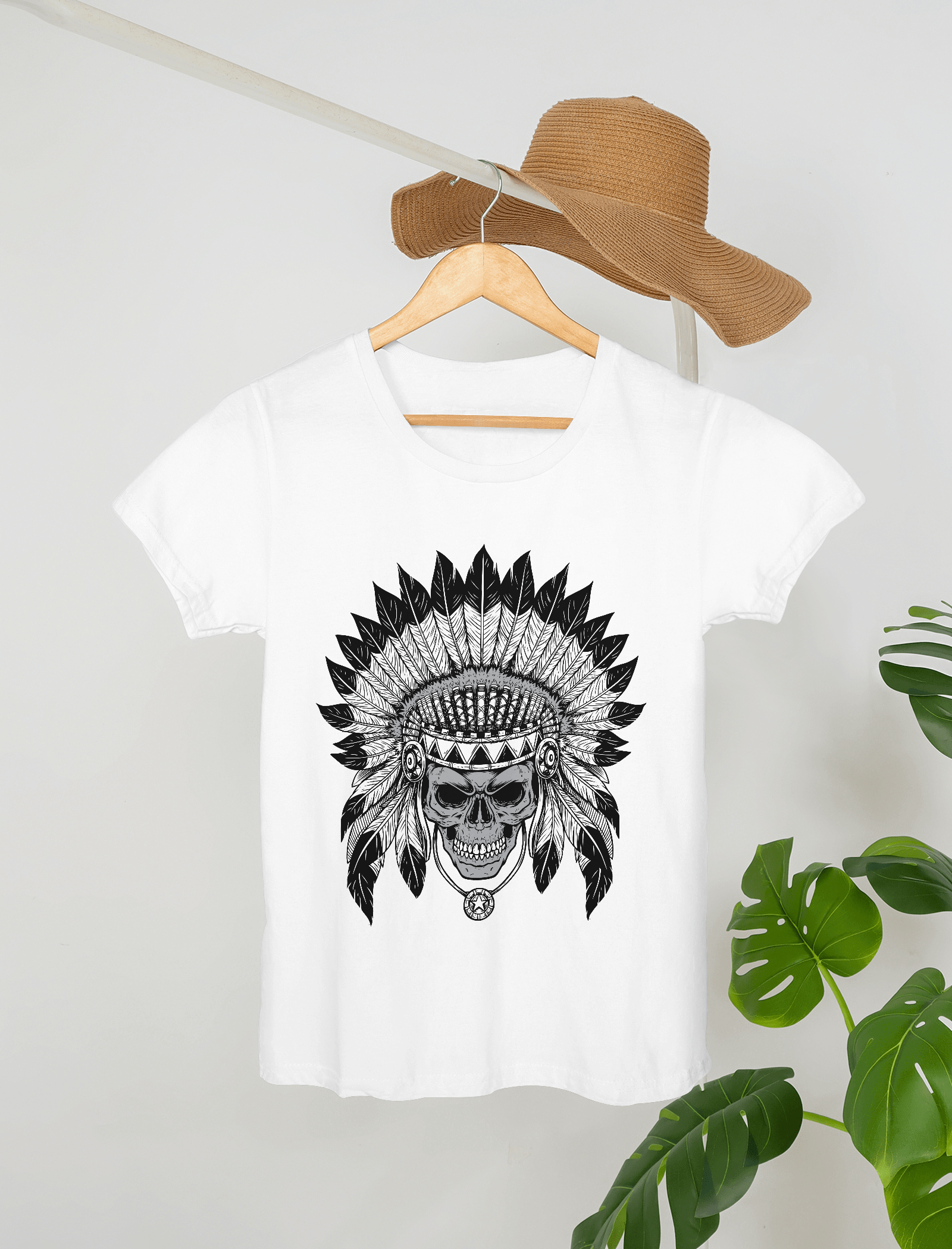 Skull Chief Head Vector Illustration Premium Round Neck T-Shirt