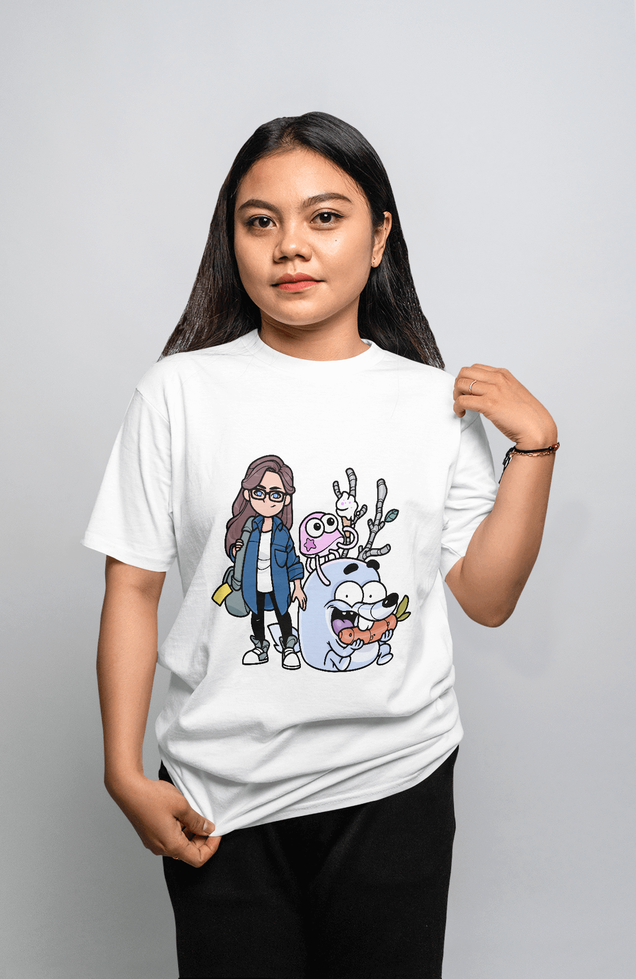 Teenage Girl with Imaginary Animals Premium Round Neck T-Shirt
