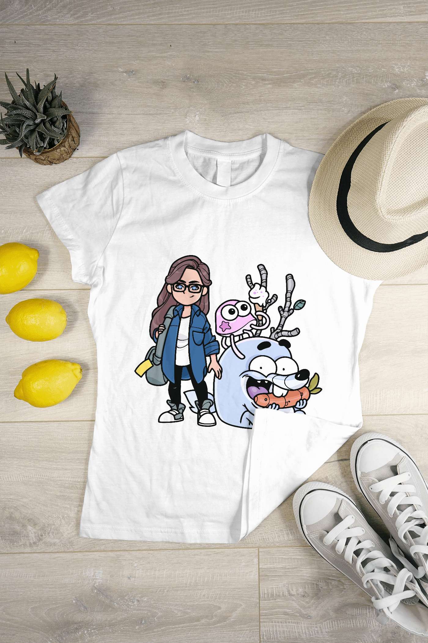 Teenage Girl with Imaginary Animals Premium Round Neck T-Shirt
