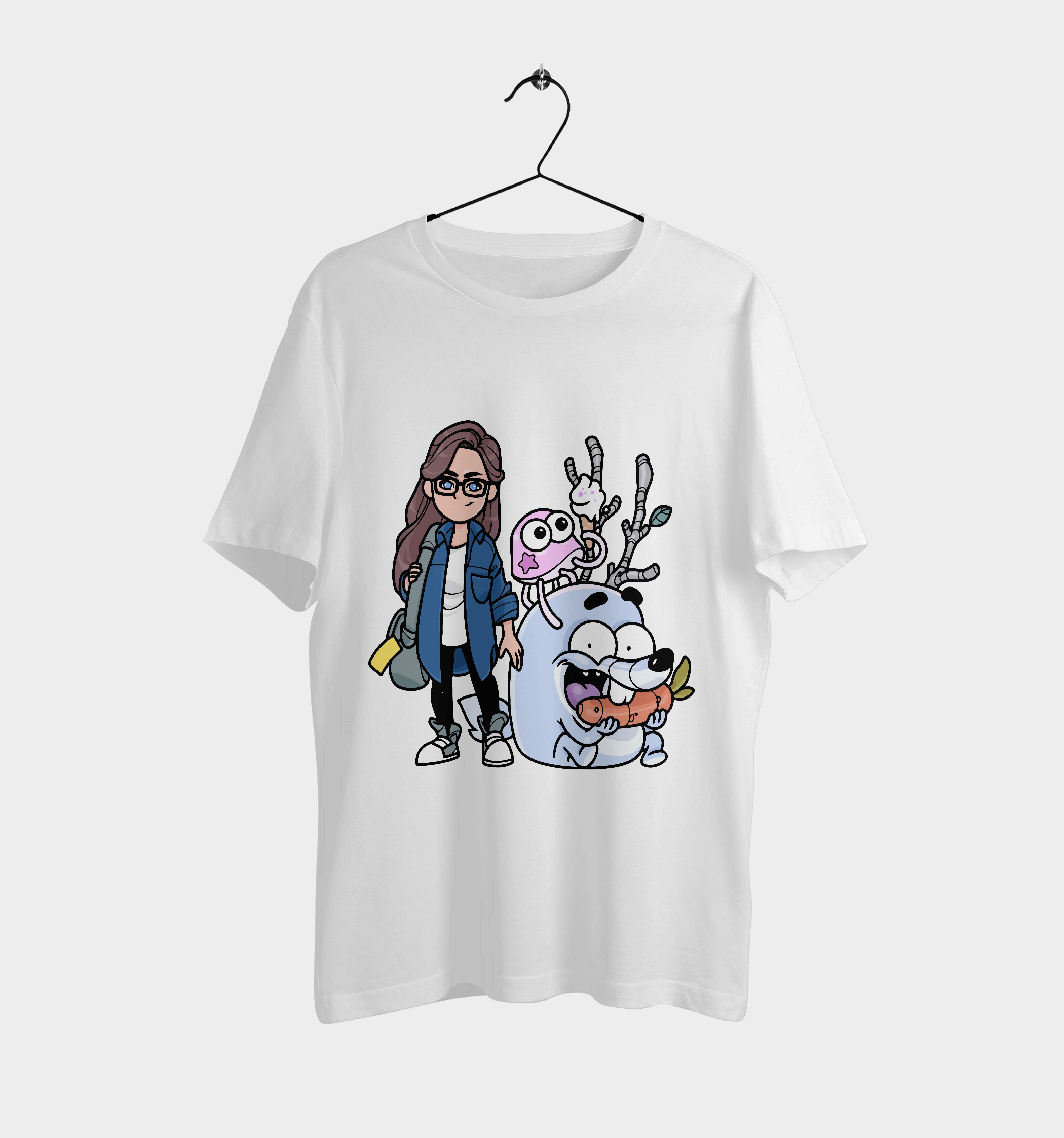 Teenage Girl with Imaginary Animals Premium Round Neck T-Shirt