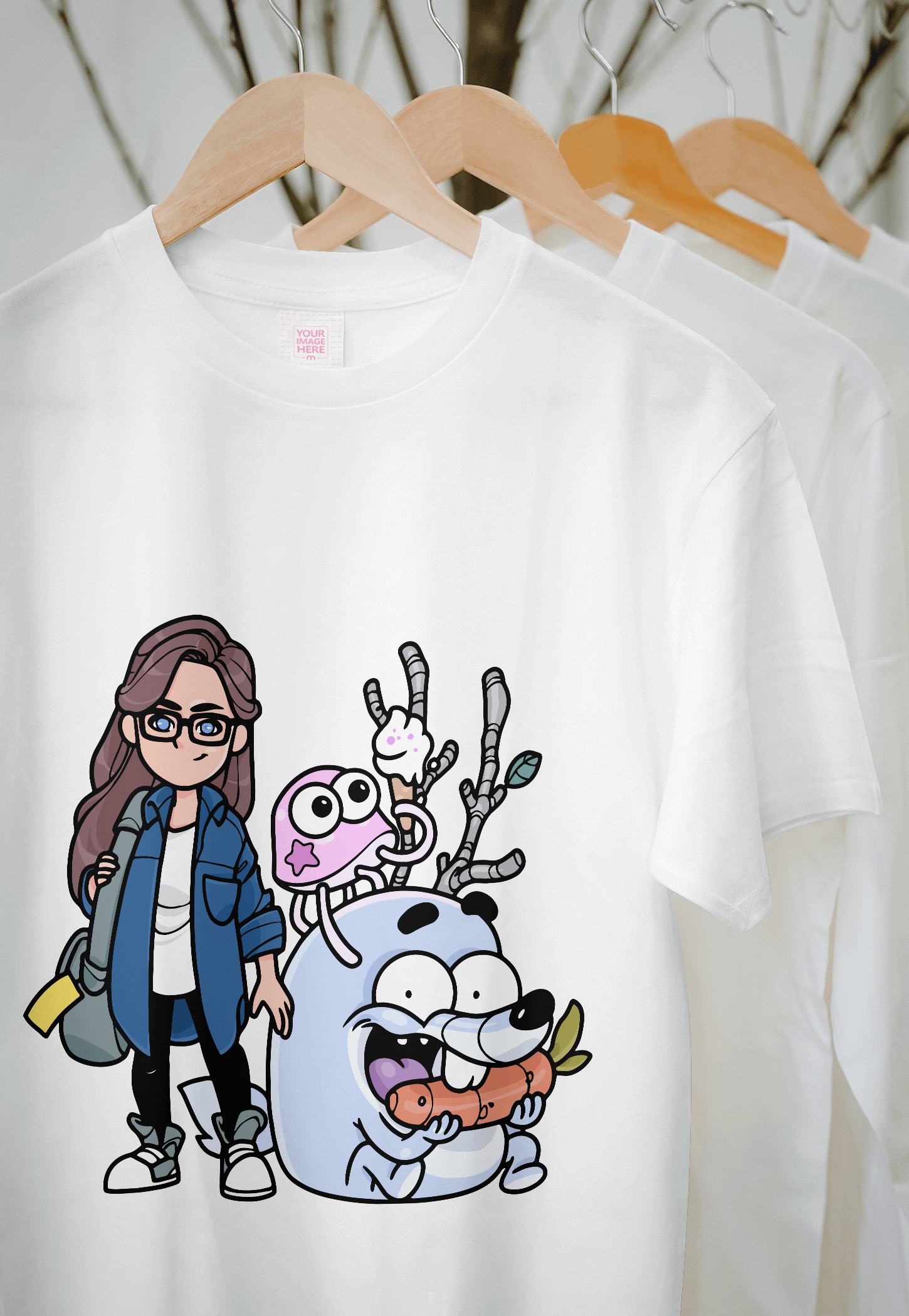 Teenage Girl with Imaginary Animals Premium Round Neck T-Shirt